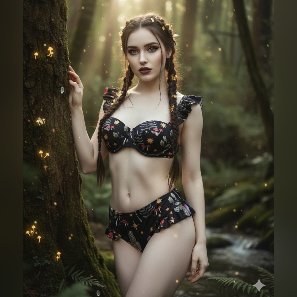 Magical Dark Forest Floral Black Ruffle Bikini - Picture 2 of 8